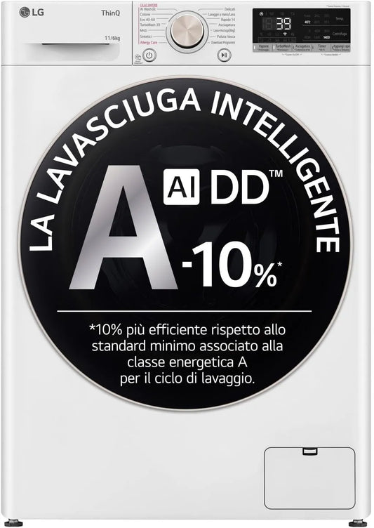 LG D4R7011TSWG 11, 6kg Lavasciuga, 6 kg, classe energetica A, lavatrice, asciugatrice, vapore, Wi-Fi, bianco, 1400 Giri, TurboWash 360, Serie R7