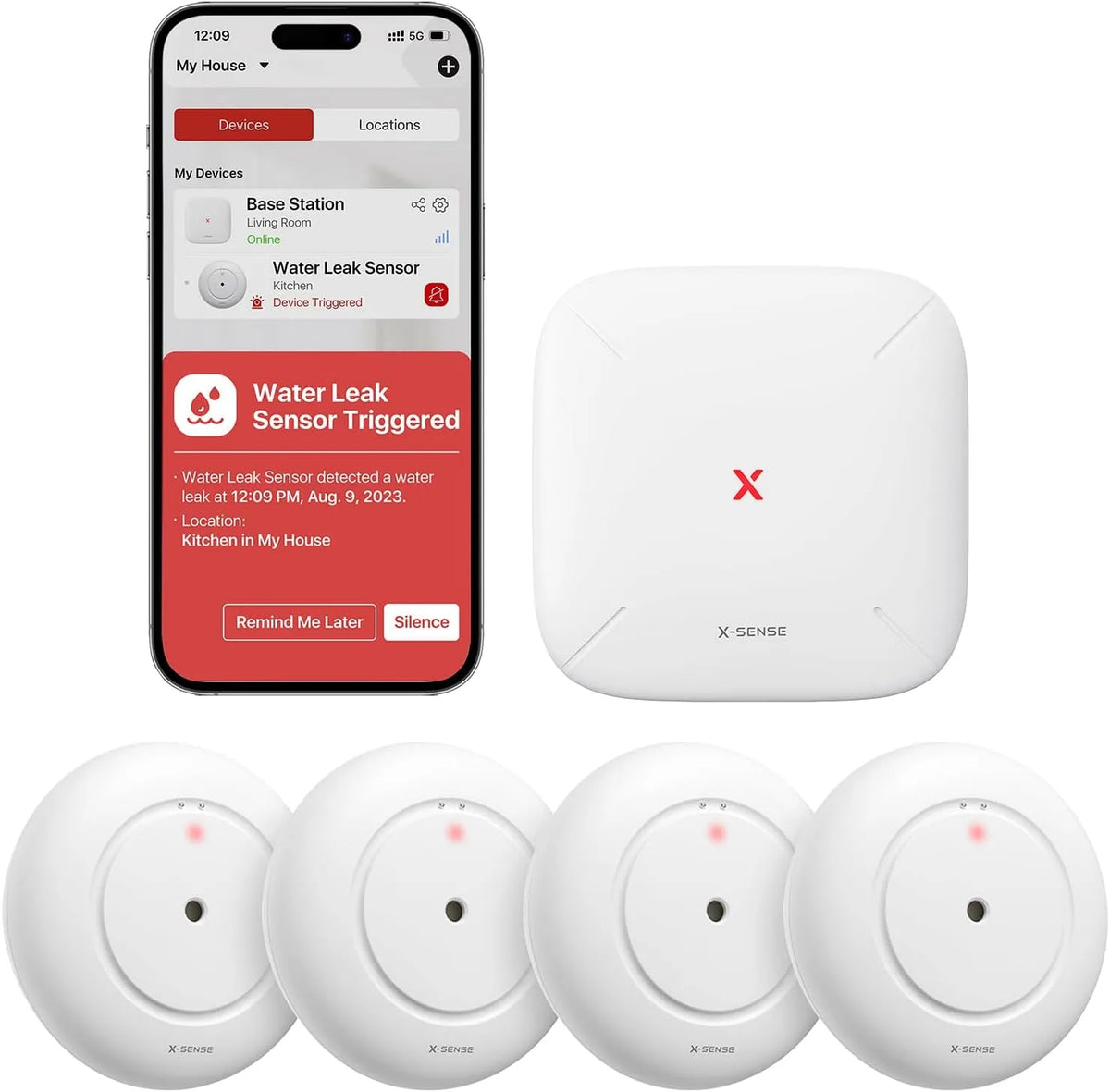 modello SWS55, sensore di allagamento compatto con volume regolabile fino a 110 dB e portata di 500 m, X-Sense Smart rilevatore d'acqua, per cucine