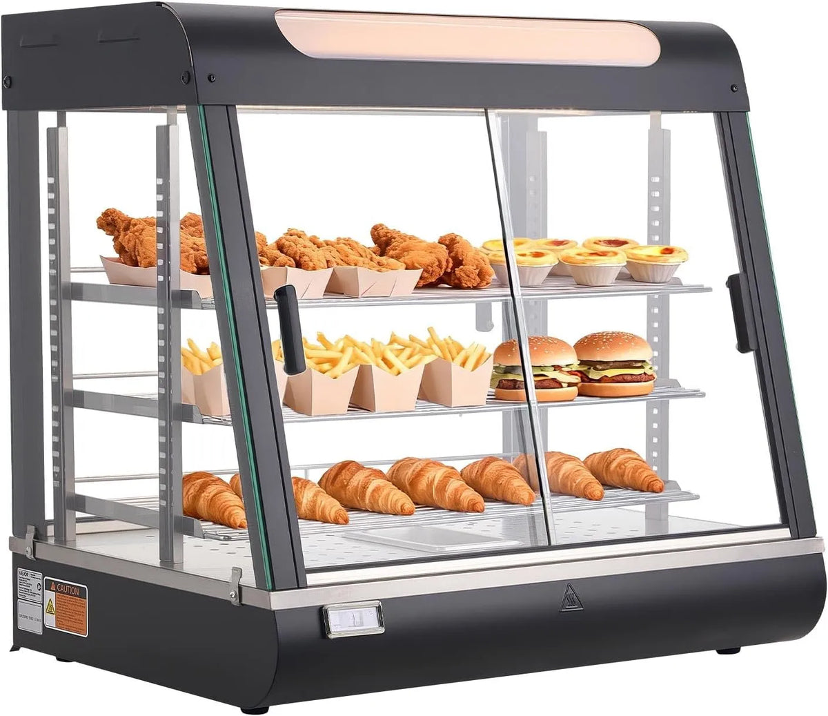 VEVOR Espositore Scaldavivande da 1200 W con Luce LED, Vetrina Calda per Alimenti Cibo a 3 Livelli, Vano Portaoggetti Superiore e Ripiani Regolabili
