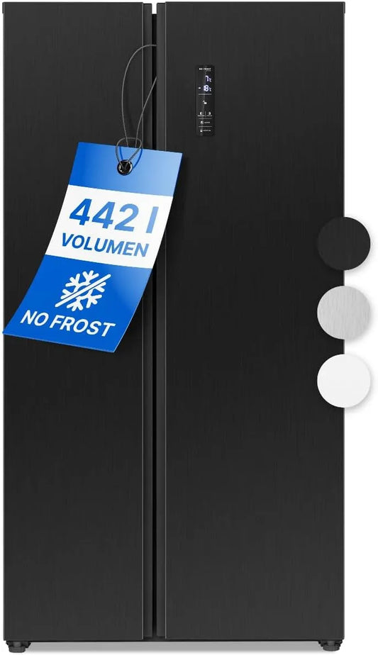 Bomann 90 cm di lunghezza, SBS 7344 Stand Side-by-Side Kombination, 442 L, Total NoFrost, Schnellkühlfunktion, Edelstahloptik-Schwarz