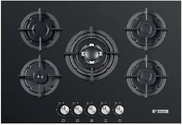 Piano cottura a gas, 90 cm, 5 fuochi, 3500 W, da incasso, fornello a gas, nero, Metano o GPL, 3500W, Accensione Automatica