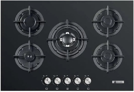 Piano cottura a gas, 90 cm, 5 fuochi, 3500 W, da incasso, fornello a gas, nero, Metano o GPL, 3500W, Accensione Automatica