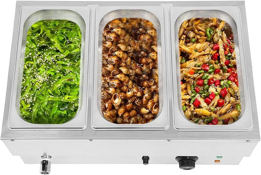 Rubinetto da cucina, 30 a 110 °C, ristorazione, 3 contenitori professionali per bagno d'acqua, gastronomia, Scaldavivande elettrico, con rubinetto di