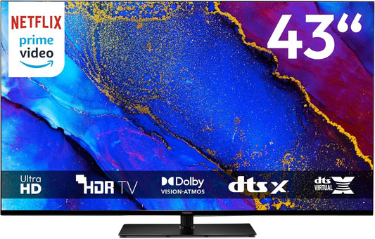 Google Smart TV, 43 pollici, televisore, 4K UHD, HDR, triplo tuner DVB-T2, S2, audio Dolby, Bluetooth, DVB-S2, registrazione PVR, DVB-T2 HD, 108 cm