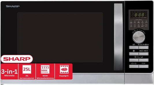 Sharp R843INW L, 1000 Forno a microonde, 30 cm, 25 L, 1000 W, 10 programmi, grill, pizza, argento, Sharp R843INW microonde 3 in 1 con aria calda