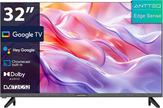 Google G32 5.1-Compatibile Smart TV, 32 pollici, classe energetica F, televisore, HDR, triplo tuner DVB-T2, S2, audio Dolby, Bluetooth, Antteq G32