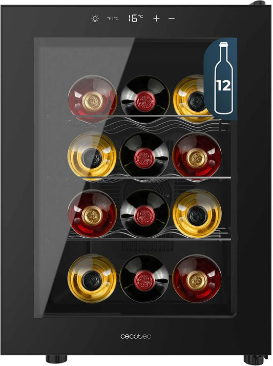 Cecotec Capacità 12 Bottiglie, Cantina per vino CoolCrystal E, Ripiani in metallo, Controllo Touch Bolero GrandSommelier 1255, Temperatura 8-18oC