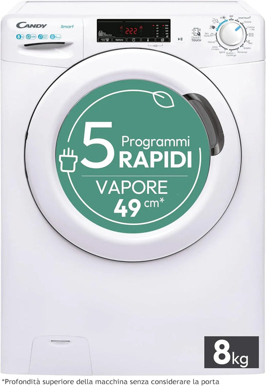 Candy CSS128TW4-11 Lavatrice, 85 x 60 x 53 cm, 16 programmi, 8 kg, classe energetica B, vapore, bianco, 1200 giri, Candy Smart Lavatrice 8kg, Partenza