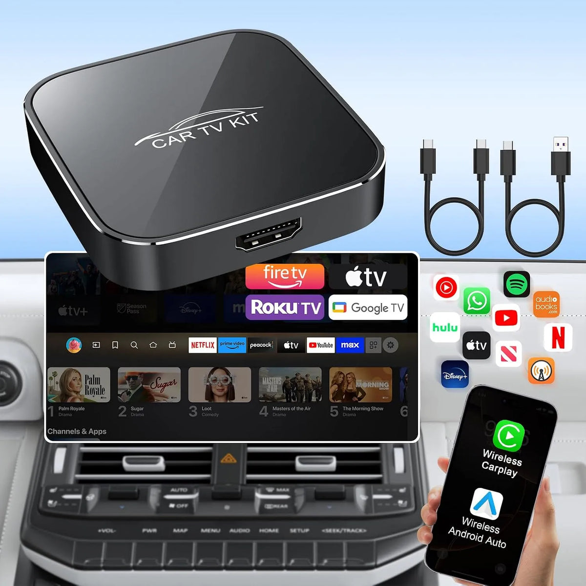 Smart TV, televisore, HDMI, Android OS, 3 in 1 Car TV Mate Pro con Wireless CarPlay & Android Auto Adapter, Streaming da Fire T V, YouTube, Netflix in