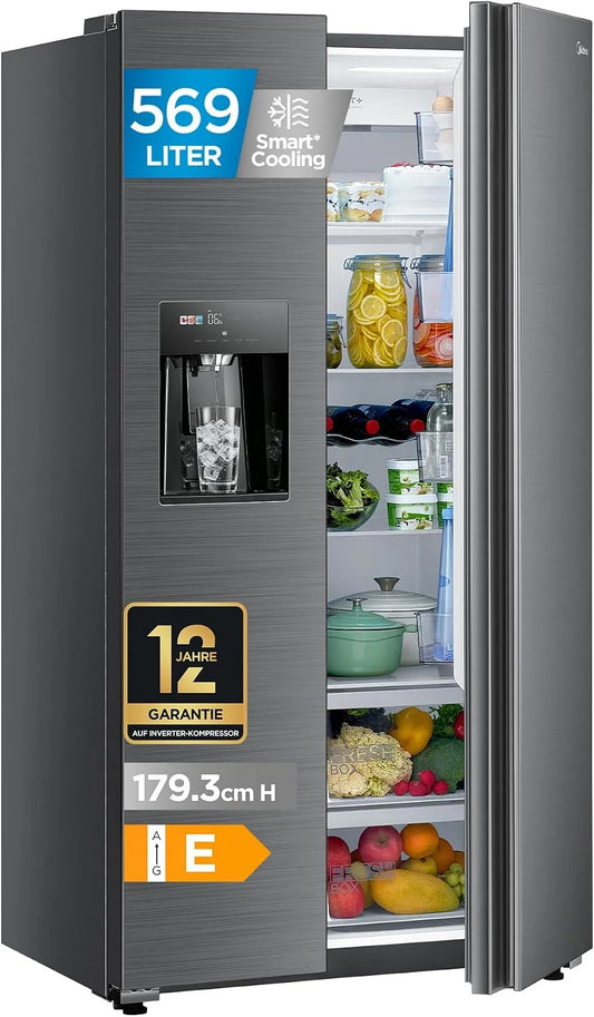 Frigorifero MDRS761MIE46, 569 L, No Frost, Wi-Fi, Inverter, acciaio inox, 3 in 1 con attacco per acqua fissa, controllo WiFi, Midea Side by Side