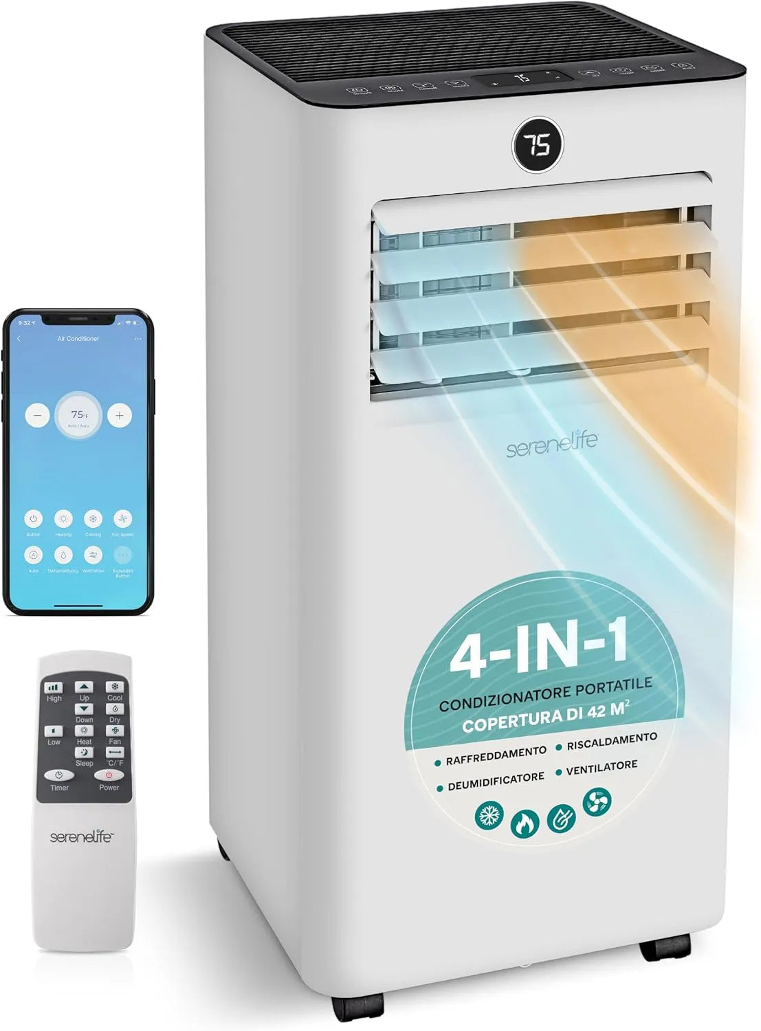 Condizionatore 4-in-1, portatile, Wi-Fi, Ventilatore e Deumidificatore, Pinguino Condizionatore 28 m2, Raffreddamento, Riscaldamento, Casa, Ufficio
