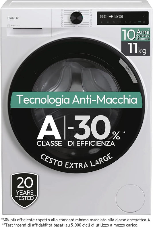 Candy 411BL9-S Lavatrice, 85x60x68, 1 cm, 16 programmi, 11 kg, 72 dB, classe energetica A, libera installazione, bianco, 1400 Giri, Classe A-30%
