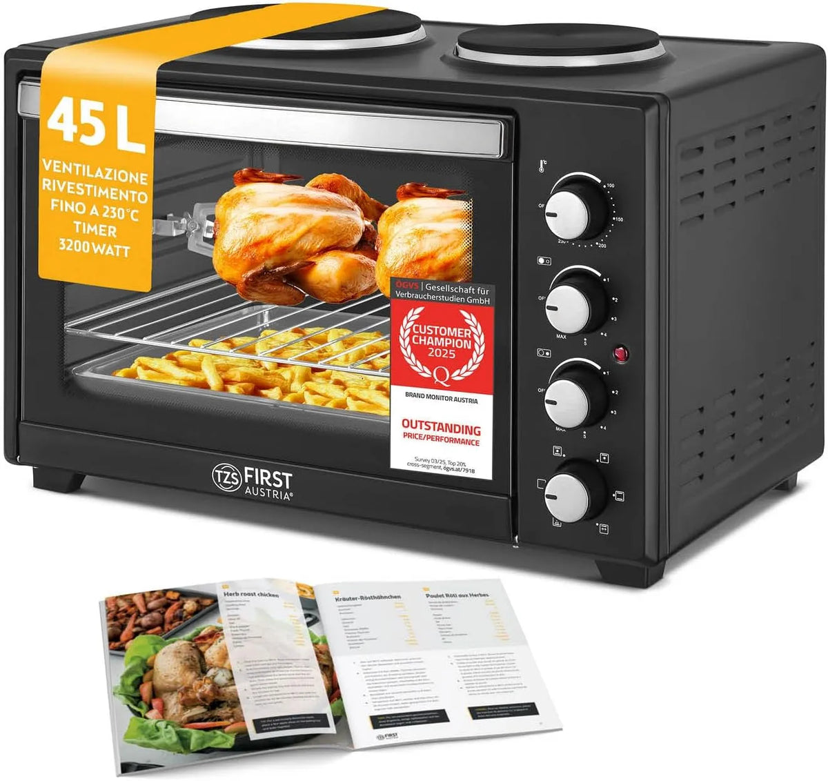 Forno elettrico per pizza, 45 L, 3200 W, compatto, rivestimento antiaderente, TZS First Austria
