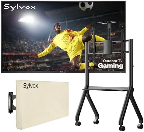 Smart TV, 55 pollici, televisore, ruote di trasporto, SYLVOX 55' TV da Esterni, Gaming, con Copertura + Supporto TV con Ruote