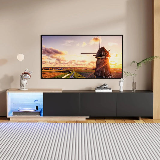 Smart TV, 85 pollici, televisore, decorazione del soggiorno, nero, Nero+led, moderno porta TV lucido con 3 cassetti e ripiani aperti per soggiorno