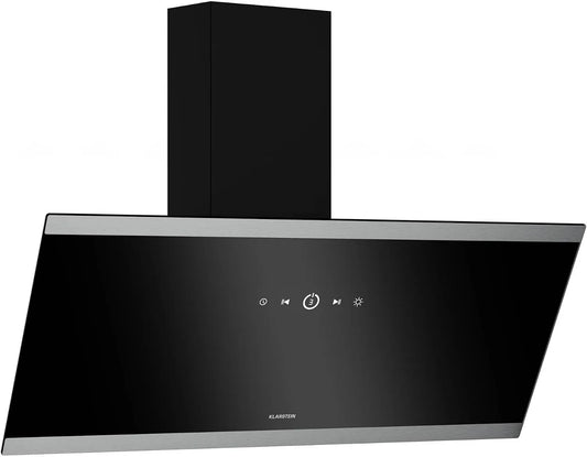 Klarstein Cappa aspirante, 90cm, 524 m3/h, cappa da cucina, inclinata, scarico e ricircolo, touch, nero, Silenziosa: 34, LED, Touchscreen, 5 dB