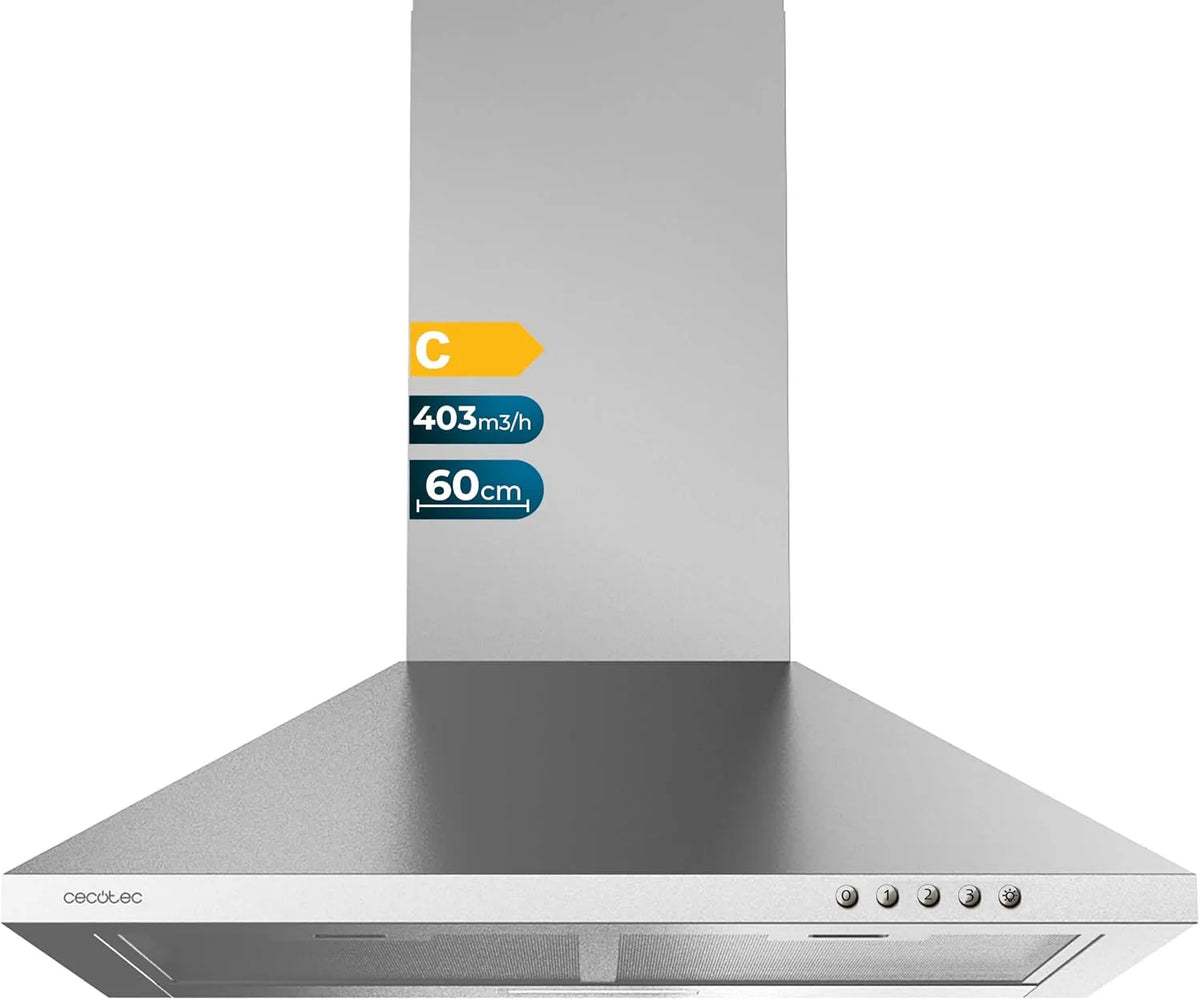 Cecotec 403m3, h Cappa aspirante, 60 cm, 105 W, 403 m3/h, classe energetica C, cappa da cucina, 3 livelli, acciaio inox, Finitura Inox, Motore 105W