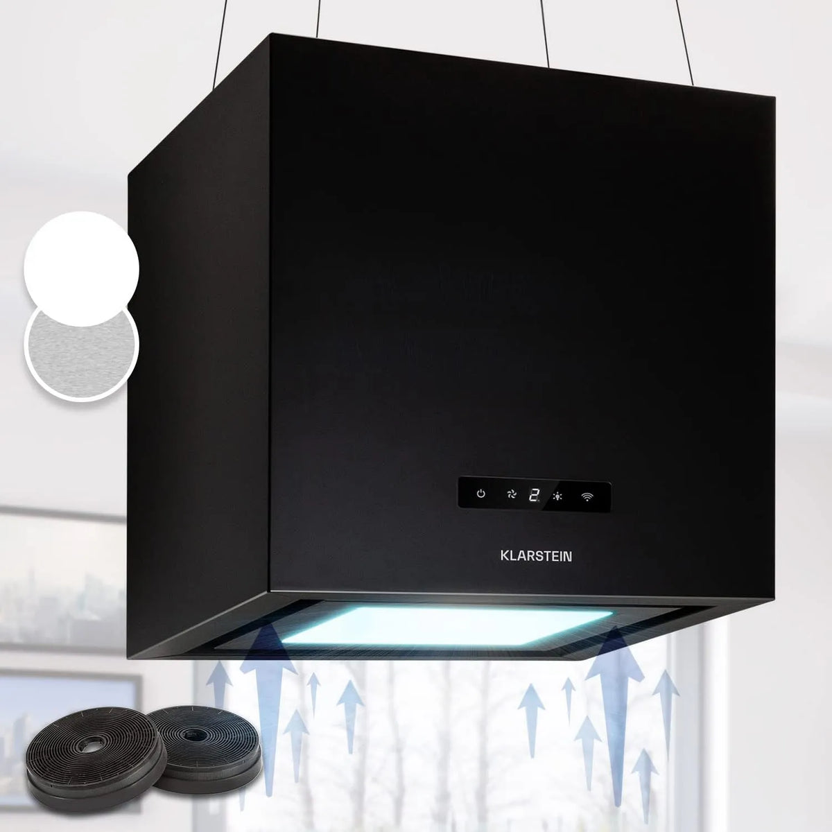 Klarstein Cappa aspirante, 595 m3/h, cappa da cucina, timer, Altezza Regolabile Controllo Smart App, Sospesa per Isola Cucina con 3 Modalità e Design