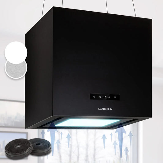 Klarstein Cappa aspirante, 595 m3/h, cappa da cucina, timer, Altezza Regolabile Controllo Smart App, Sospesa per Isola Cucina con 3 Modalità e Design