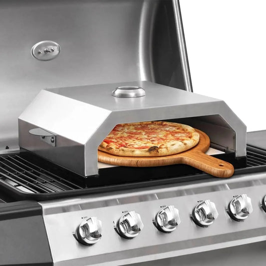 Forno elettrico per pizza, 49 x 35 x 15, 5 cm, acciaio inox, per barbecue a gas e carbonella, Forno per pizza con pietra in ceramica e griglia cromata