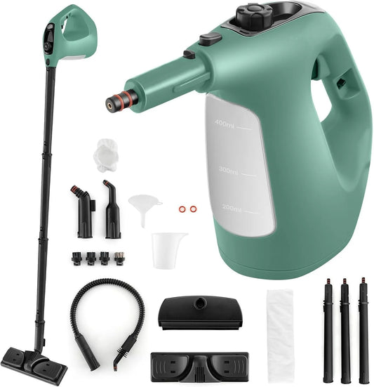 Pulitore a vapore, 33x13x24, 5 cm, 1500 W, COSTWAY, portatile, ampio serbatoio, verde, Macchina a Vapore con Serbatoio d'Acqua da 400 ml Blocco per