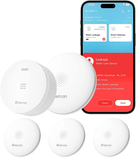 Prodotto Sensore d'Acqua Smart con Hub, Heiman Rilevatori d'Acqua, Notifica App, Batteria 10 Anni, IP67 Impermeabile, 4GHz, solo 2, 3 Pezzi