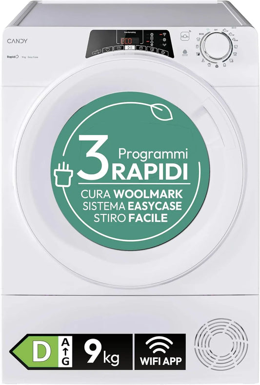 Candy Asciugatrice, 9 kg, classe energetica D, bianco, Candy Rapidò Asciugatrice a Pompa di Calore 9 Kg