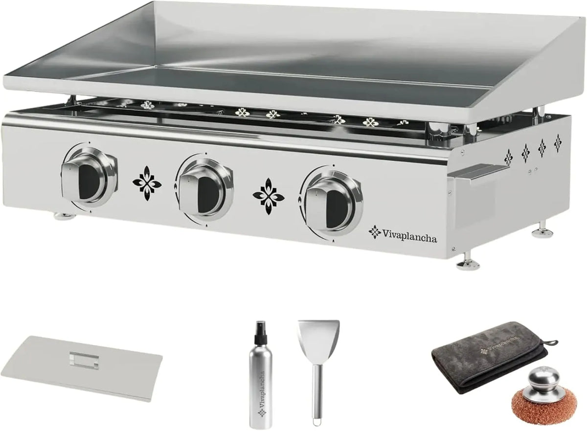Piano cottura, professionale, acciaio inox, 3 + Accessori, Piastra a Gas in Acciaio Inox Massiccio 6 mm di Spessore