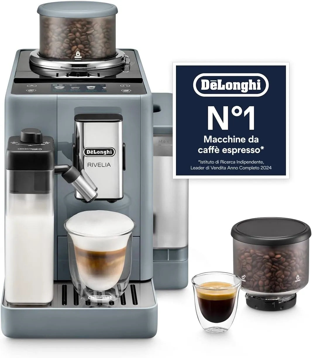 Macchina da caffè automatica EXAM440.55.G, touch, grigio, 16 Bevande in un Solo Tocco, De'Longhi Rivelia, LatteCrema Montalatte Automatico