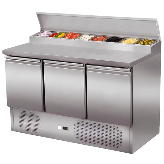Frigorifero, 260 L, 1365x700mm, ristoranti, acciaio inox, MBH, MBH - Tavolo refrigerato per preparazione inox 3 porte 260L 1365x700mm. Banco frigo per