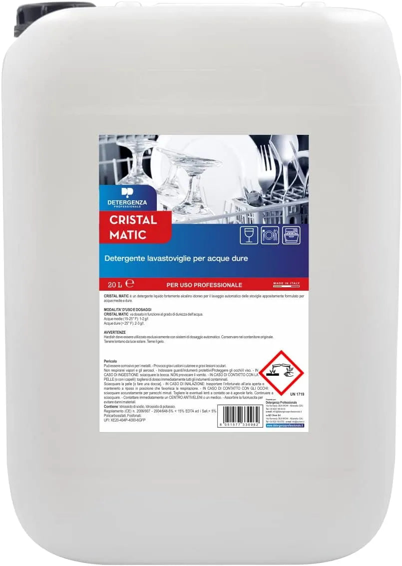 Lavastoviglie, 20 L, DETERGENTE LAVASTOVIGLIE per ACQUE DURE Cristal MATIC CONCENTRATO - Tanica da 20 L