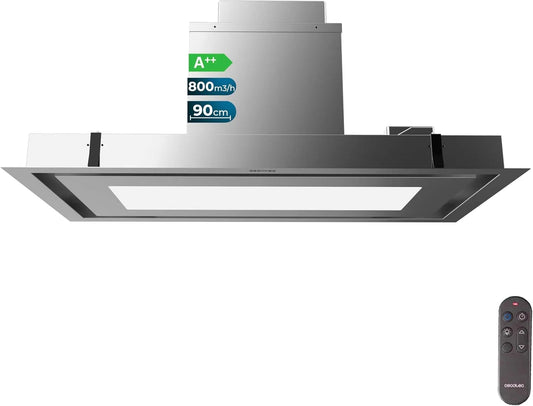 Cecotec Bolero Flux TIR 800m3, h Cappa aspirante, 90 cm, 210 W, 800 m3/h, cappa da cucina, touch, acciaio inox, Carbonio Ø176, alluminio 5 strati